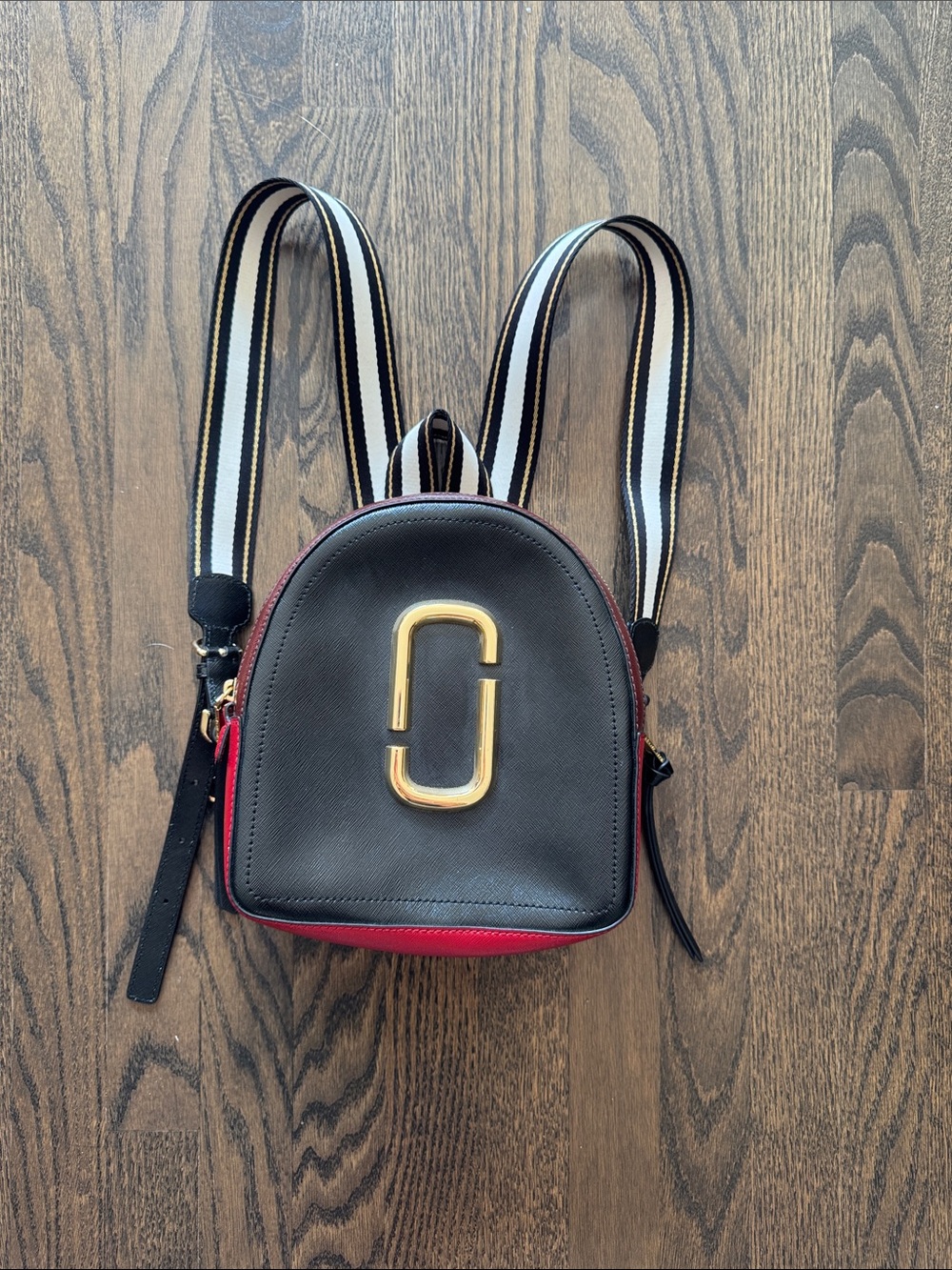 Marc Jacobs Black and Red Mini Backpack with Gold Hardware
